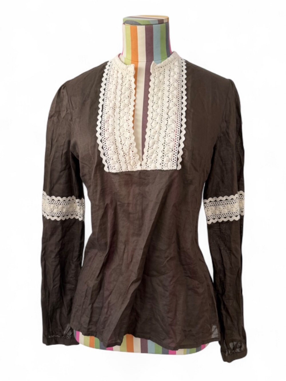 Tory Burch 100% Cotton Peasant Style Blouse Crochet Knit Details Brown